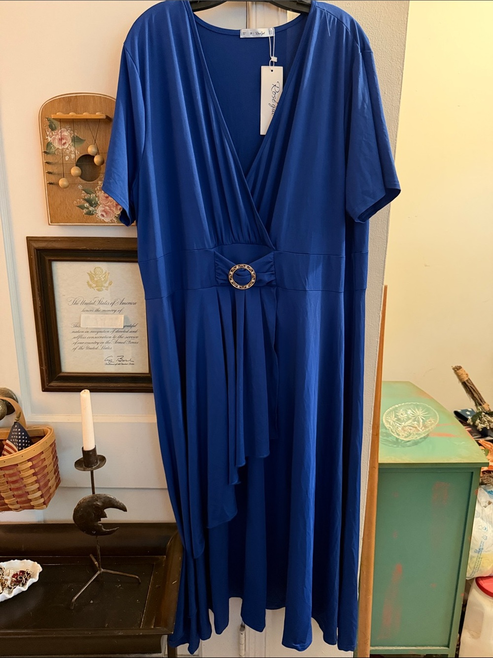 Rosegal Royal Blue V-Neck Midi Dress with Decorative Ring